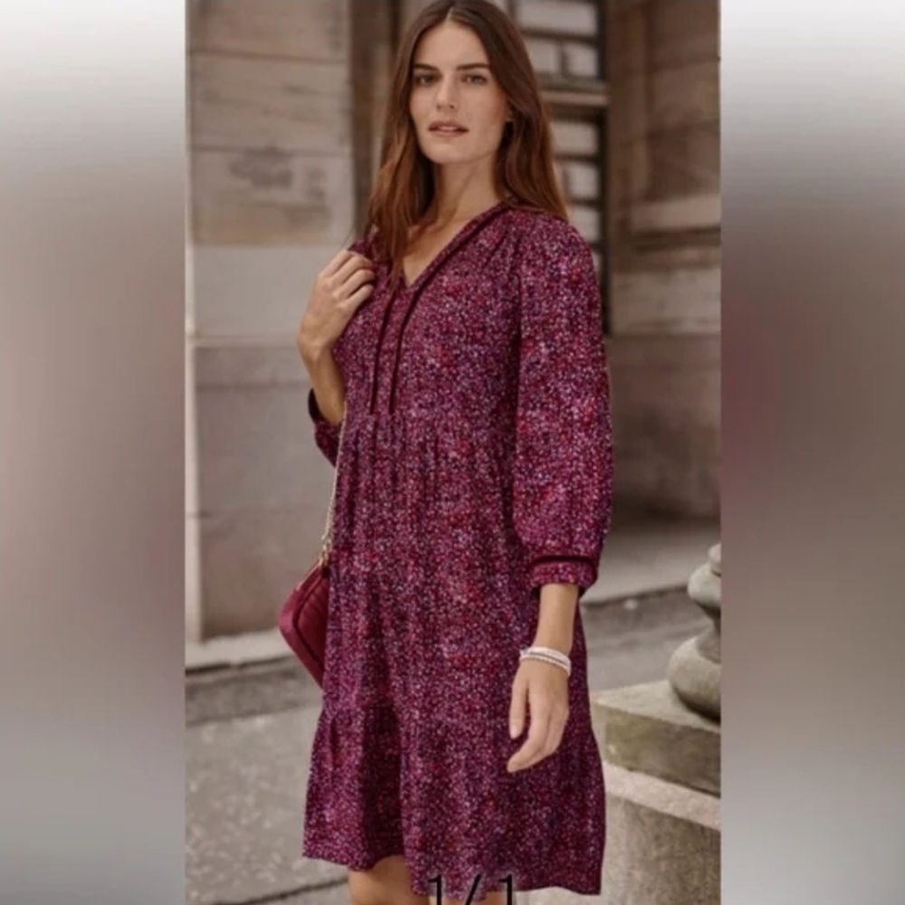 J. Jill Size S Pink Floral Berry Dress Flounced Crepe Velvet Boho Cottagecore